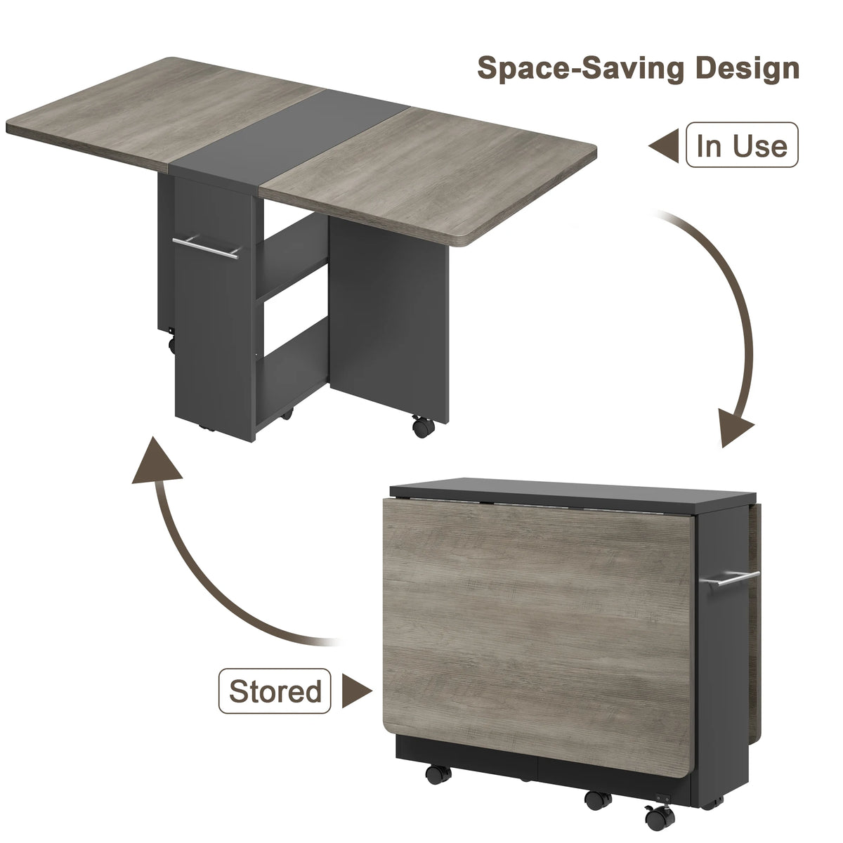 Folding Dining Table Drop Leaf Dining Table with 6 Wheels and 2-Layer Storage Shelf Space Saving Dining Table for Small Spaces