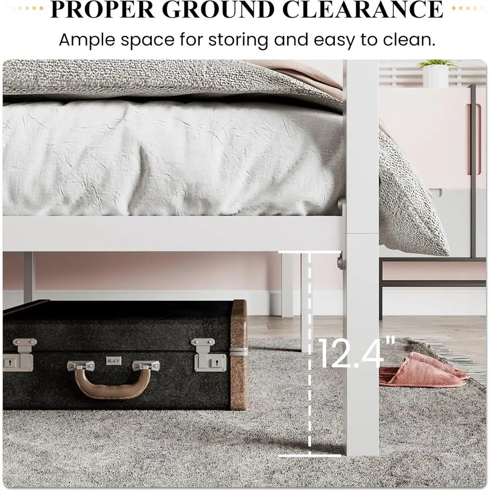 Queen Size Metal Canopy Bed Frame with Slat Support - No Box Spring Needed, Easy Assembly, White