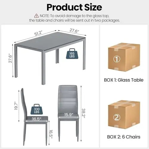 7-Piece Dining Set for 6, Glass Table & PU Leather Chairs, Modern Small Space Dining Set