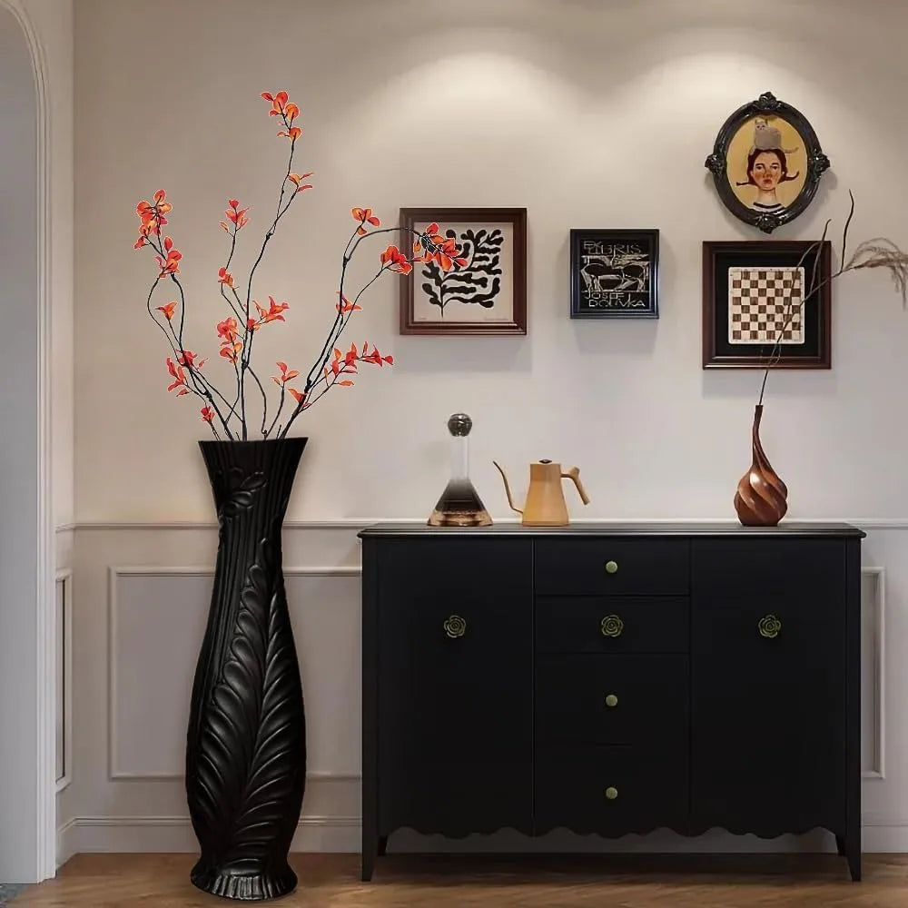 Elegant Large Black Ceramic Floor Vase, 30 Tall, Handcrafted for Home Decor, Living Room, Feather Pattern, Wide Decorative Vase