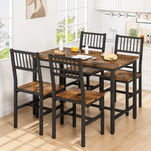 47.2 Inch Dining Table Set for 4,Industrial Table with 4 Curved Chairs Set,5-Piece Rectangular Kitchen Table Set for Dining