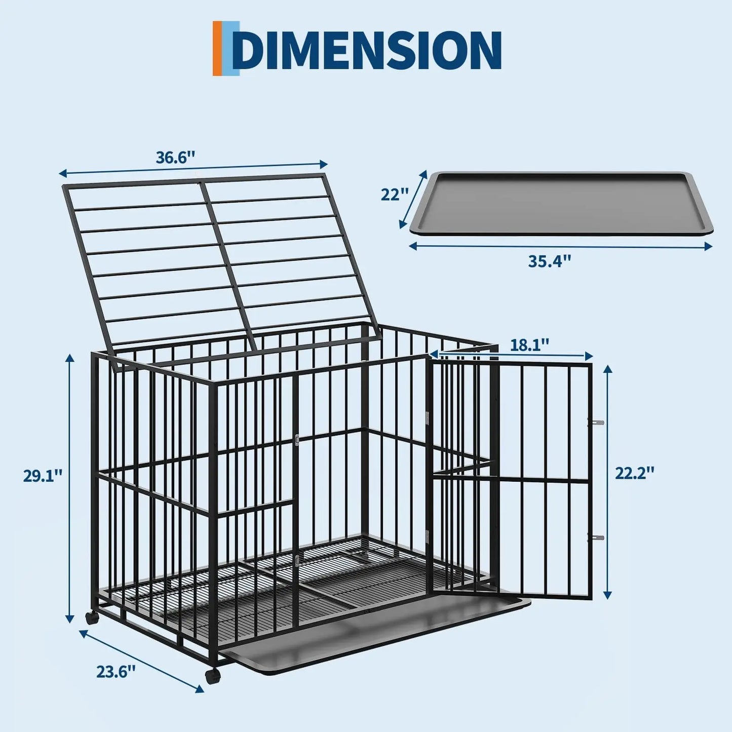 36/42/48 Inch Heavy Duty Stainless Steel Dog Crate Escape Proof Indestructible Dog Kennel  With Wheels & Removable Tray