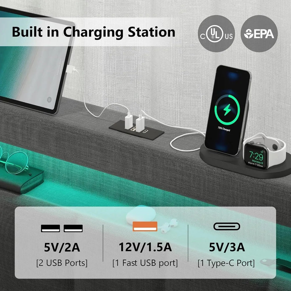 Queen Size Upholstered Platform Bed Frame with Storage Drawers, LED Lights, and Charging Station for Enhanced Convenience