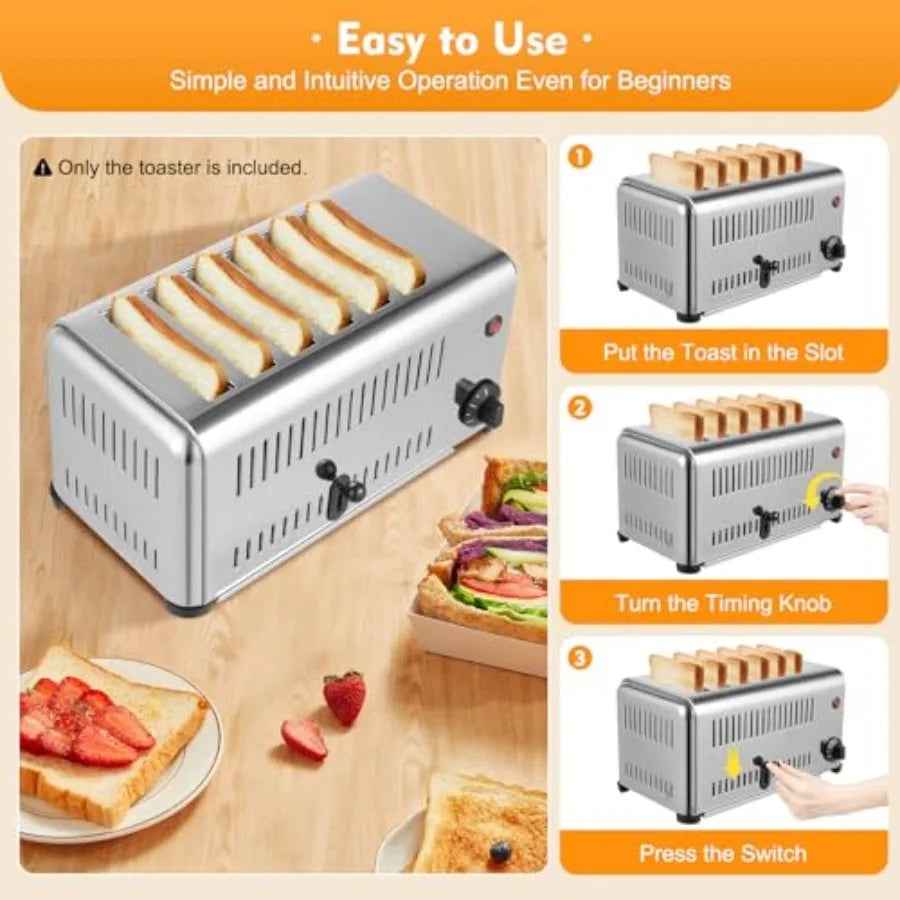 6-Slice Commercial Stainless Steel Bread Toaster with 5 Adjustable Shade Settings 1680W High-Power Baking Machine Featuring Bui