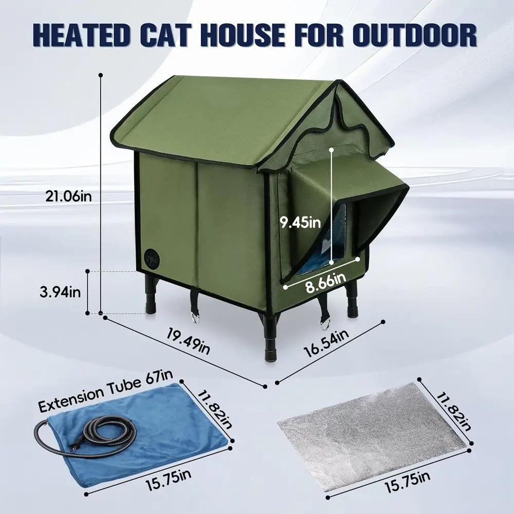 Insulated Outdoor Cat House with Heated Pad, Waterproof Shelter for Indoor/Outdoor Cats, Green Elevated Feral Cat Bed, 21x19.4x1