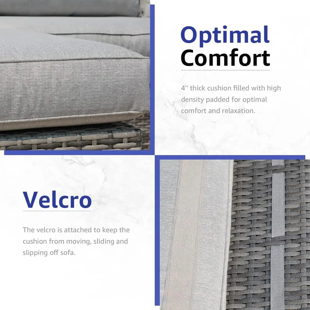 All-Weather Grey PE Wicker Outdoor Sectional Sofa Set with Light Grey Cushions for Patio, Balcony, and Garden