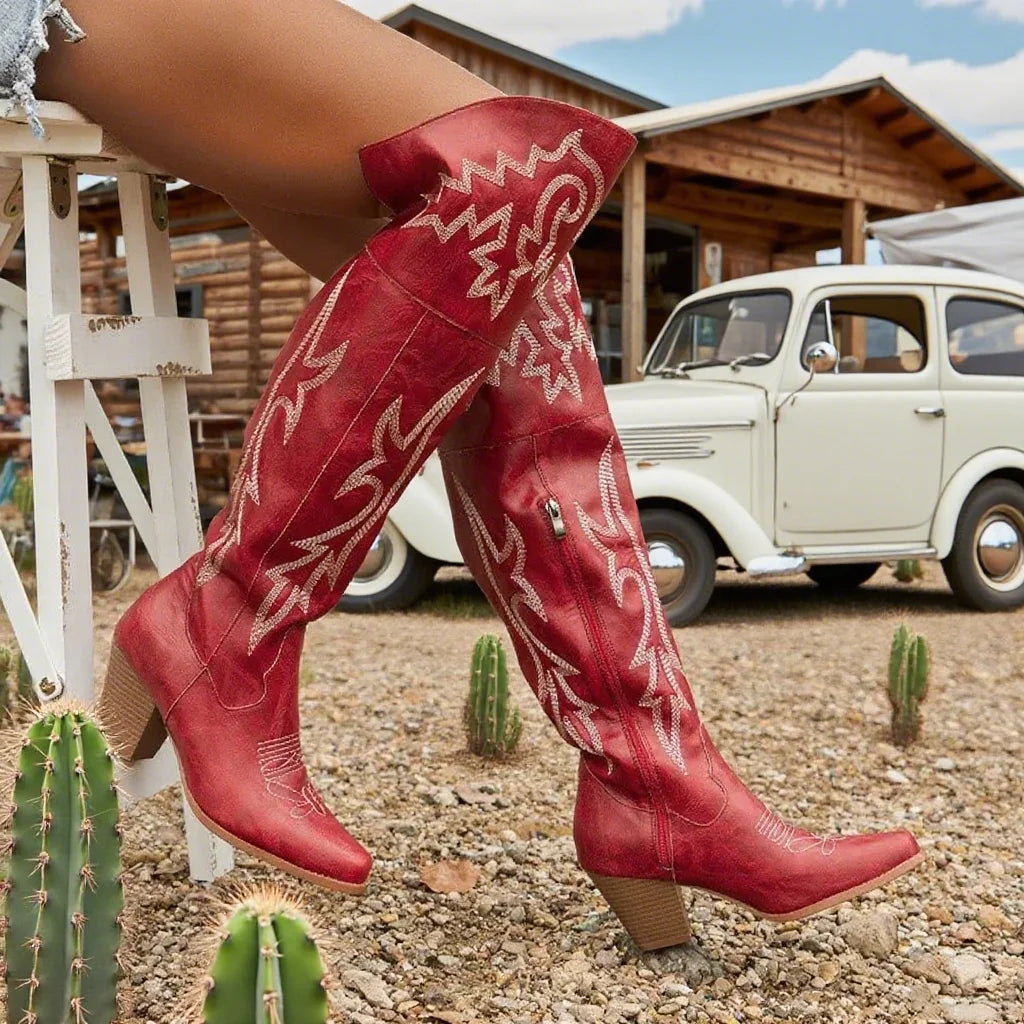 GIGIFOX Over the Knee Boots with Chunky Heel, Side Zipper Stylish Thigh High Cowboy Cowgirl Boots Ladies Outdoor Party Footwear