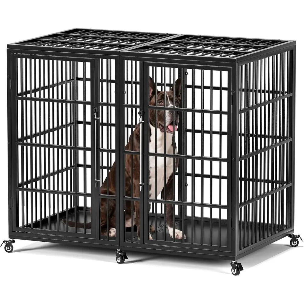 XXL Heavy Duty Steel Dog Crate with Double Doors, Wheeled, Ideal for Great Danes and Large Breeds