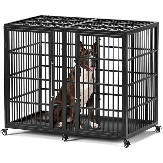 XXL Heavy Duty Steel Dog Crate with Double Doors, Wheeled, Ideal for Great Danes and Large Breeds