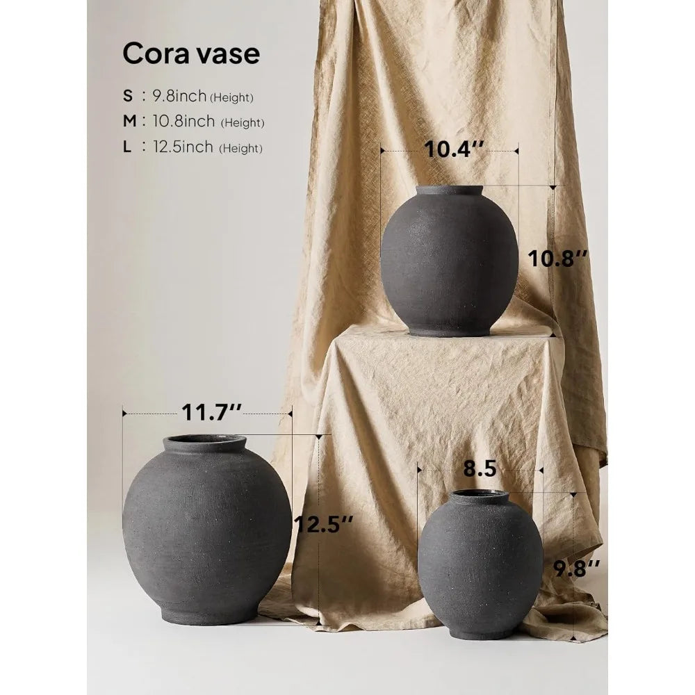 Large Round Black Ceramic Floor Vase, 12.5 Inch Tall, Ideal for Centerpieces and Rustic Minimalist Home Decor, Farmhouse Style A