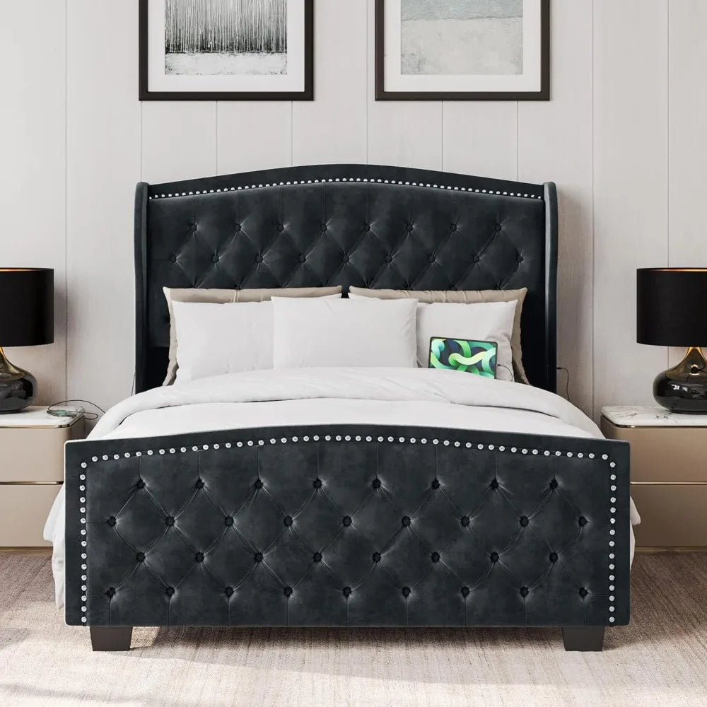 BELLEZE Queen Headboard Bed Frame with Fast Charging Port, Upholstered Platform Bed Frame with Handmade Button Tufted Headboard,
