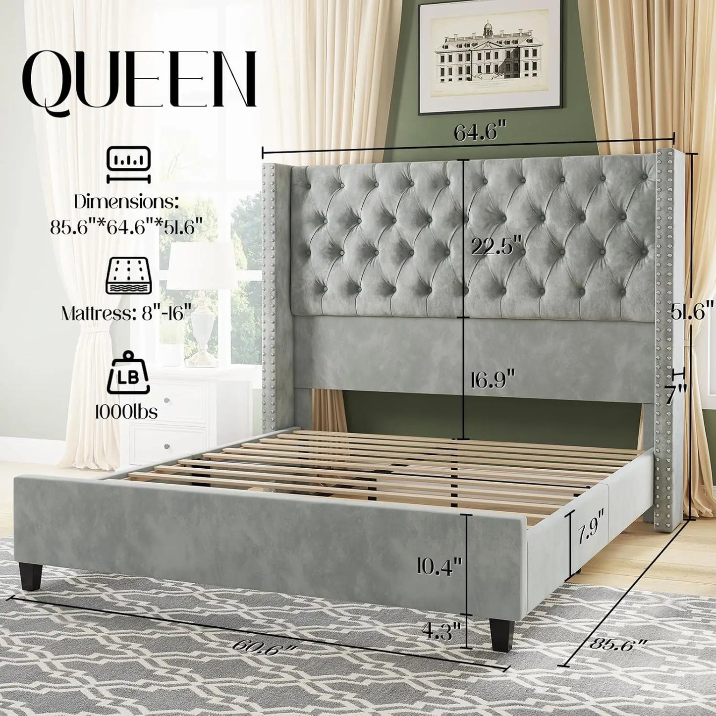 Queen Size Platform Bed Frame Velvet Upholstered Bed with Nailhead Trim Wingback Headboard 51.6" Tall,Button Tufted, Light Grey