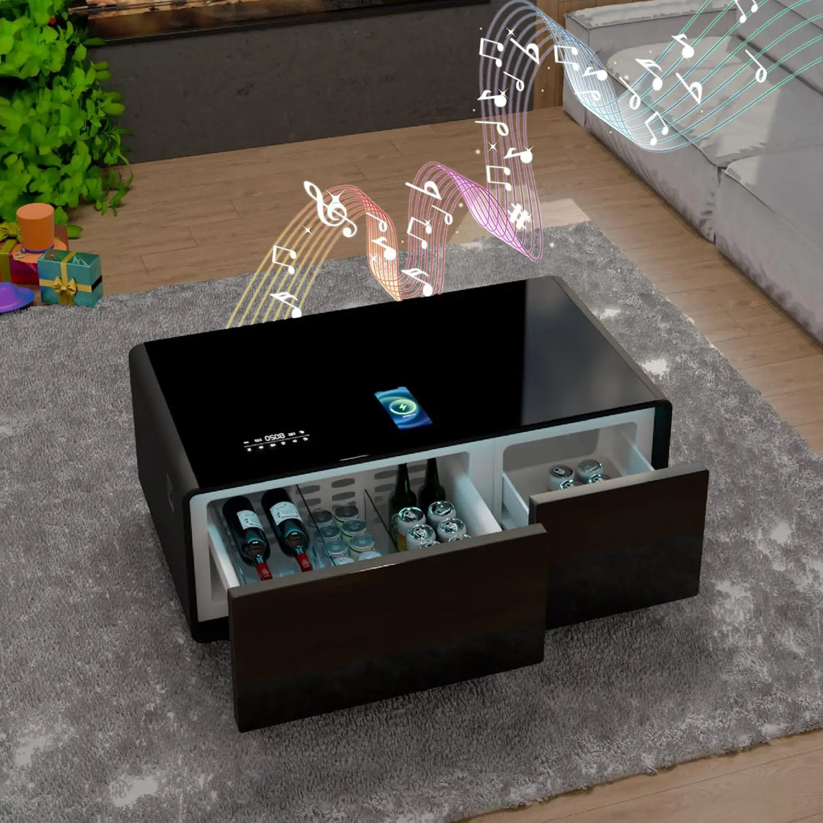 Smart Coffee Table, Living Room Table with Built in Fridge, 23" D x 41.5" W x 18.2" H, 15W Wireless Charging, USB Chargers