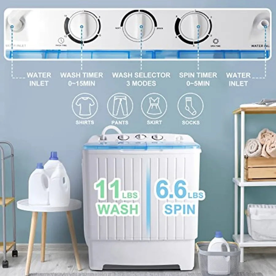 Portable Washing Machine 17.6 lbs Twin Tub Compact Washer with Washing and Spinner Cycle Combo Ideal for Apartments Camping Col