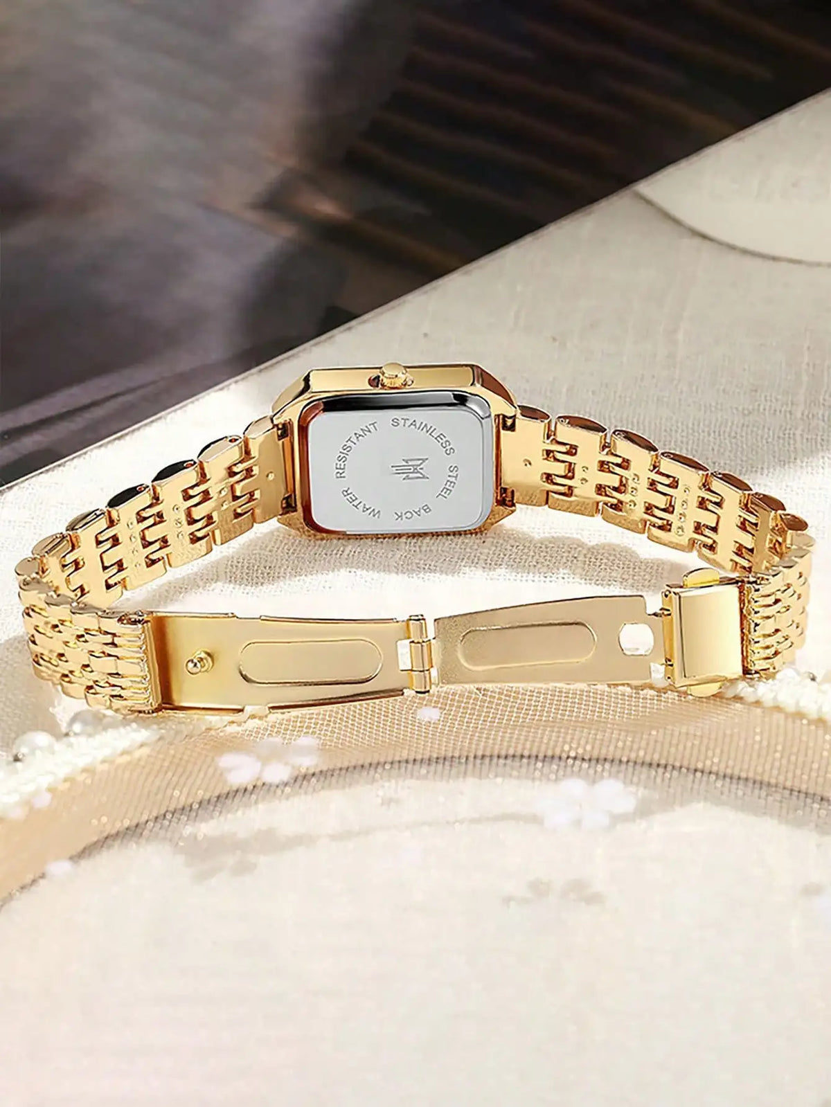 Women's Rectangular Case Analogue Quartz Watch, Metal Bracelet Band Ladies Wristwatch