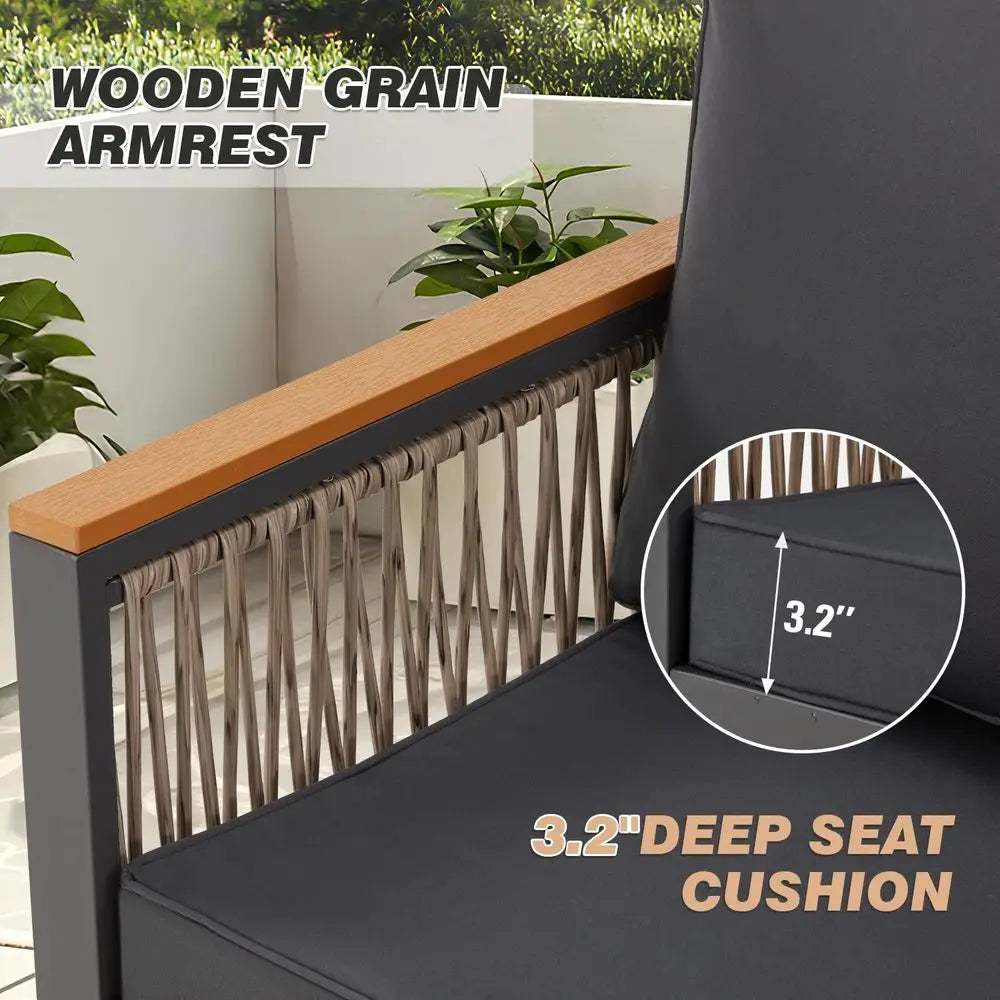 All-Weather Outdoor Patio Set: Solid Wood Balcony Furniture with Wicker & Cushioned Metal Chairs