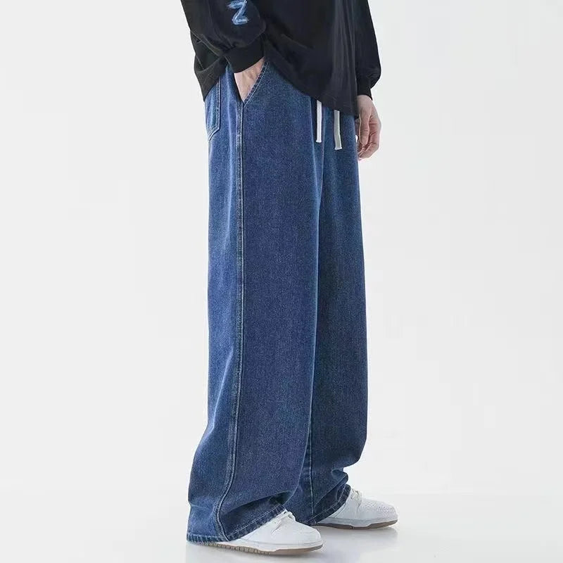 High Street Fashion All-Season With Drawstring Closure And Slight Stretch Jeans Men's Retro Straight Loose Wide Leg Casual Jeans