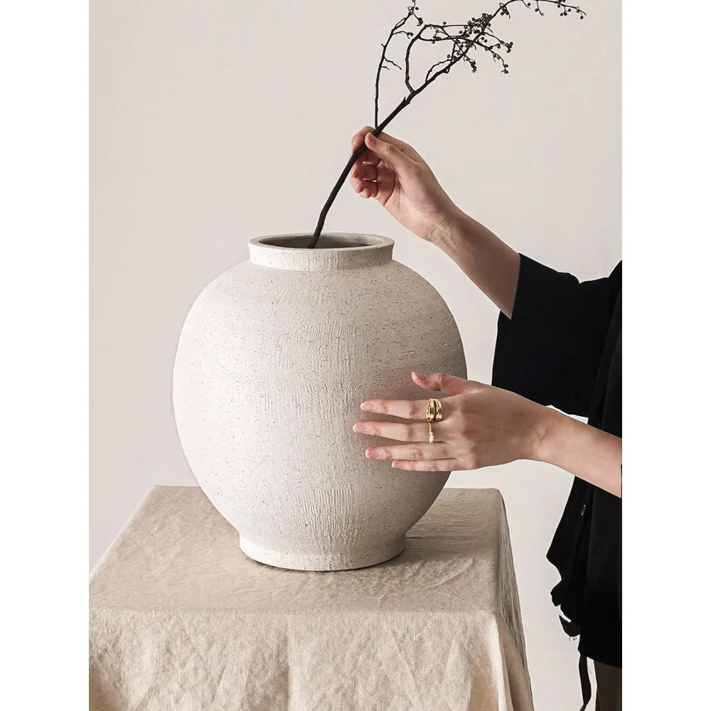 Large 12.5 Inch Round White Ceramic Floor Vase for Centerpieces, Farmhouse Rustic Minimalist Decor, Sandstone White Style