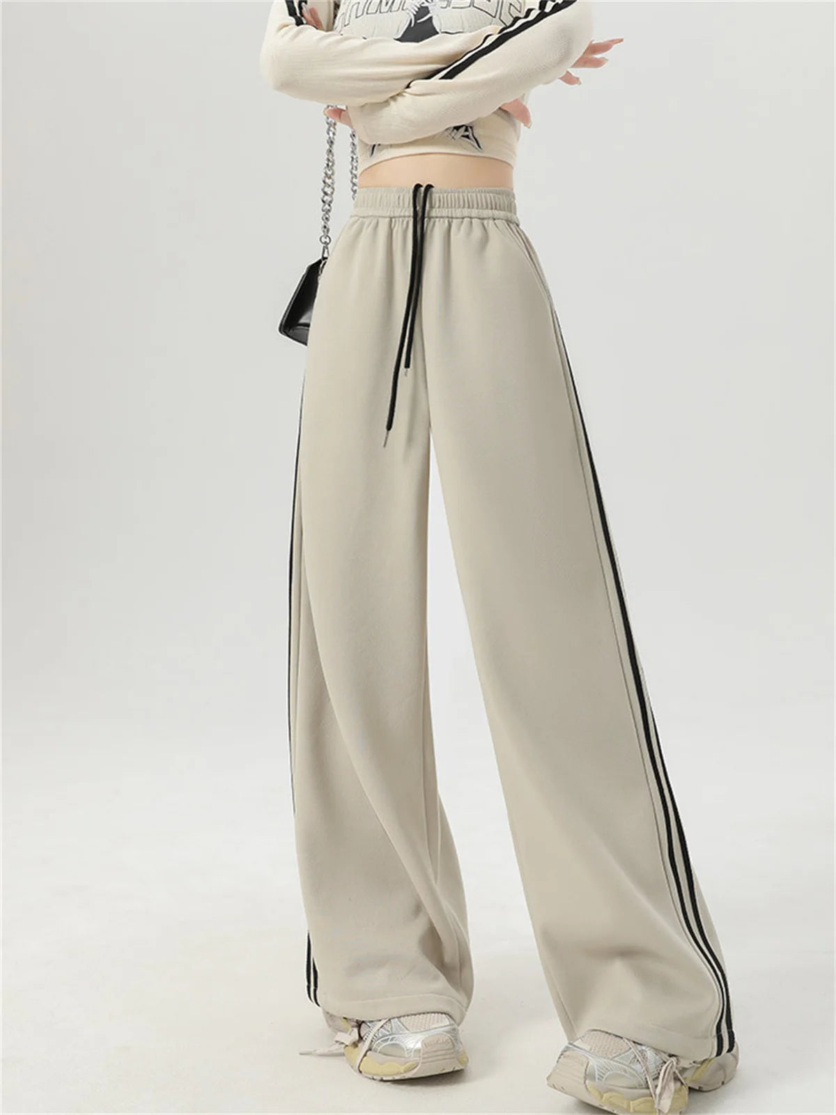 Women Stripe Chic Straight Pant Autumn Spring Retro Sports Sweatpants High Waist Color Blocked Trouseres Lady Casual Streetwear