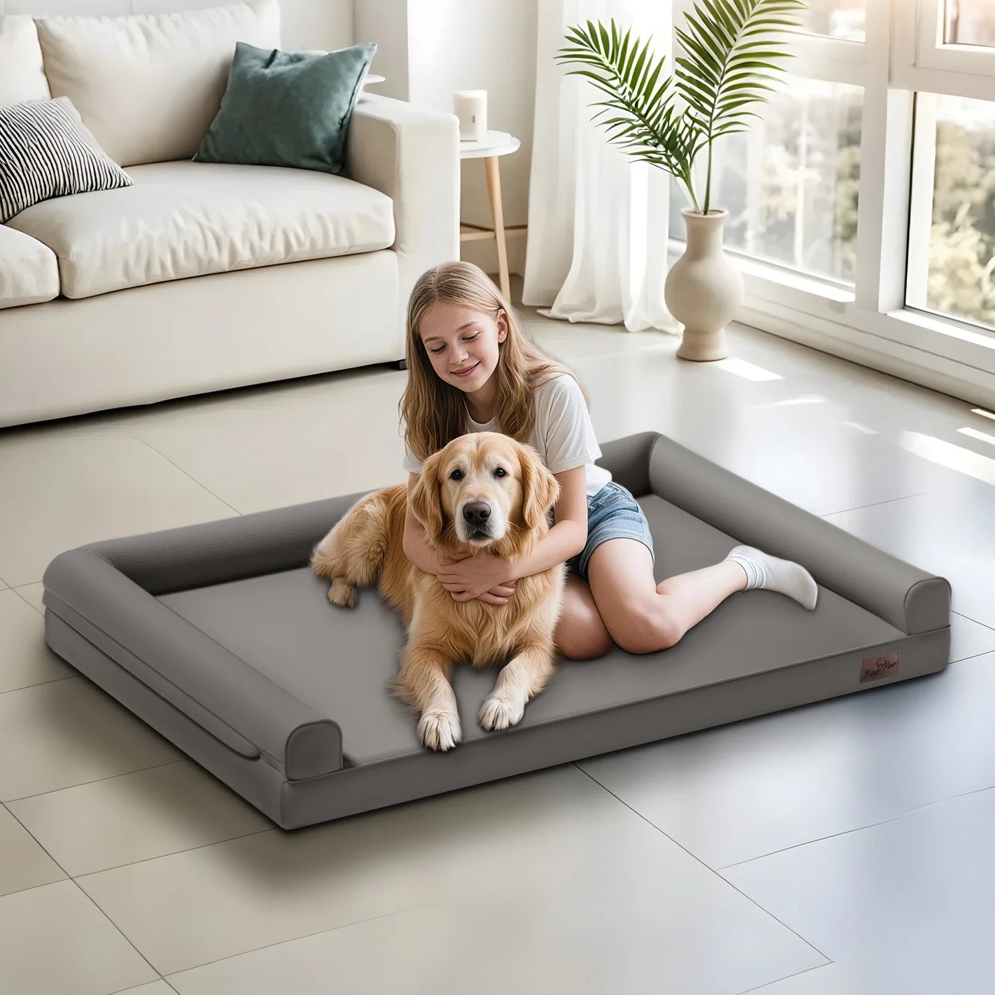 M-2XL Microfiber Leather Dog Bed Sofa Couch Bed with Supportive Bolster and Foam Base Pet Sleeping Bed for All Breed