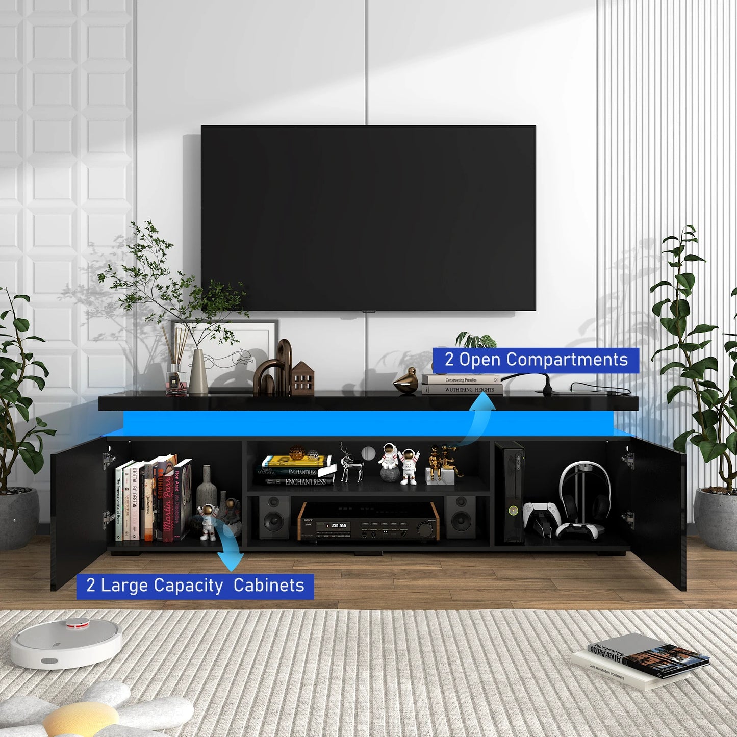 66 Inch LED TV Stand for 70/75 Inch TV, Modern Gaming TV Cabinet with Power Outlet, High Gloss Entertainment Center with Storage