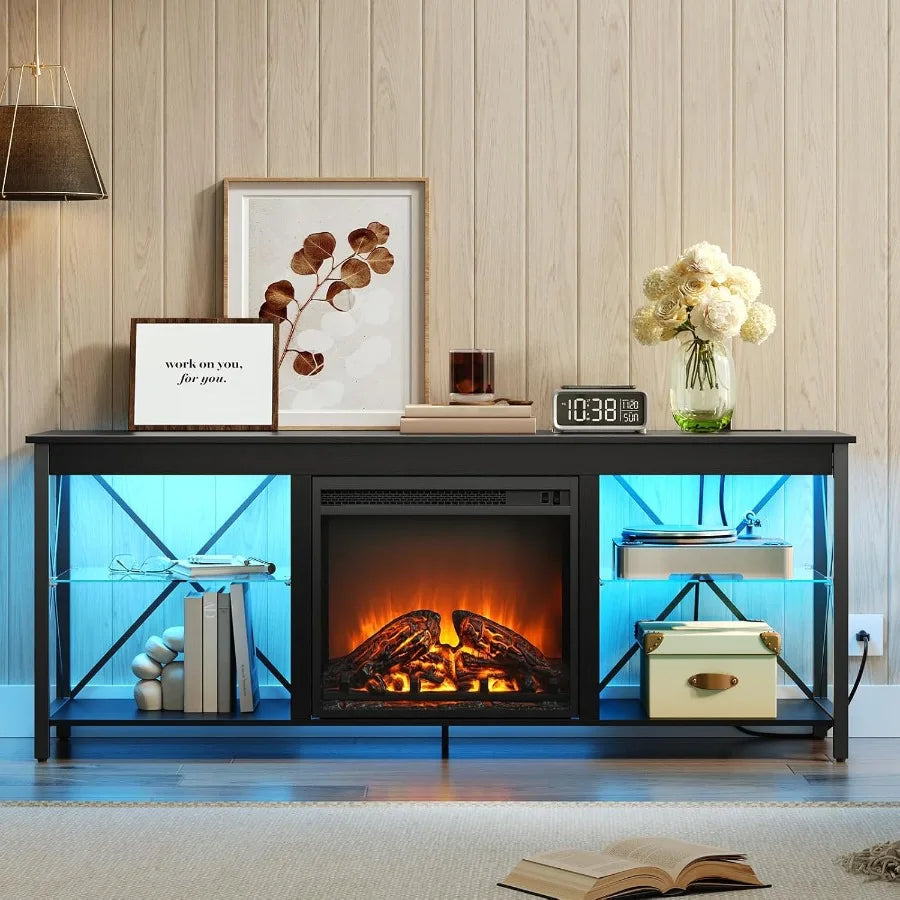 Modern Fireplace TV Stand with Integrated Charging Station and Ambient LED Lights for TVs up to 65 inches Multi-Functional Ente