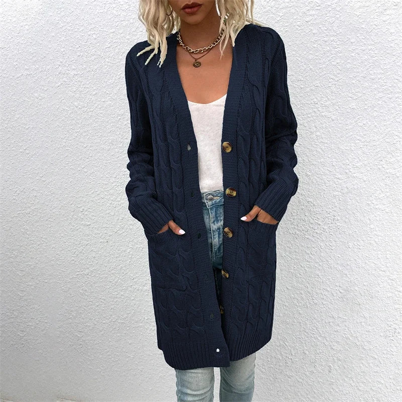 European and American Knitwear Autumn and Winter Long Fried Dough Twists Sweater Women's Button Cardigan