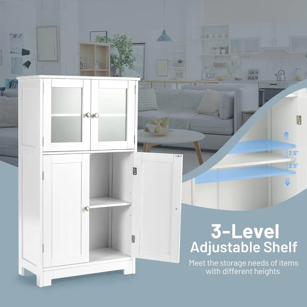 Bathroom Floor Cabinet, Freestanding Storage Cabinet w/Glass Doors, Wood Kitchen Cupboard w/Adjustable Shelf, Bathroom