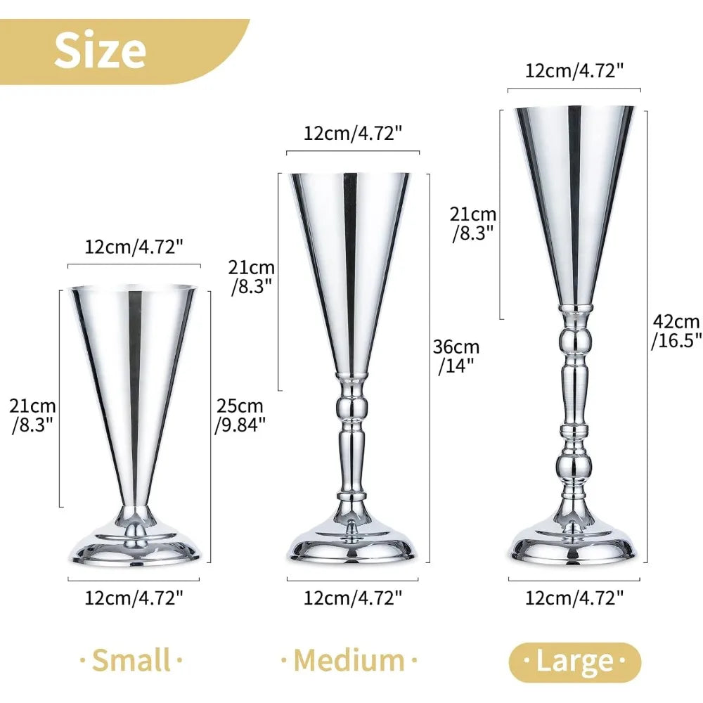 Elegant 16.5 Inch Silver Metal Flower Trumpet Vases for Wedding Table Centerpieces, Set of 10, Artificial Flower Arrangements