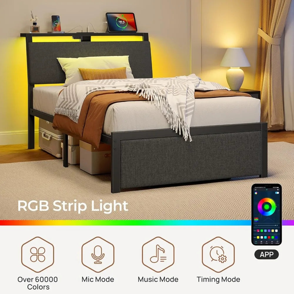 Upholstered Twin Size Bed Frame with Ergonomic Headboard Storage, LED Light, and Charging Station