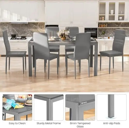7-Piece Dining Set for 6, Glass Table & PU Leather Chairs, Modern Small Space Dining Set