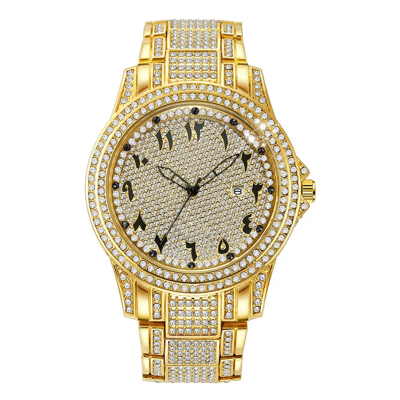 Big Brand Watches For Men Fashion Alloy Band Hip Hop Diamond Golden Luxury Date Quartz Vintage Watch Montres de Marque de Luxe