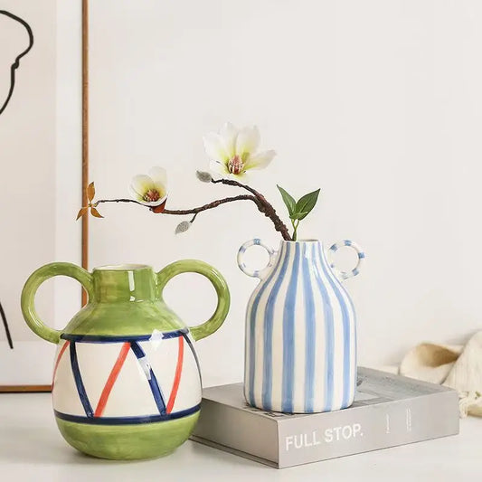 Dual Handles Ceramic Vase Modern Bohemian Home Decor Hand-Painted Vases for Flowers Living Room Decoration Weddings Parties
