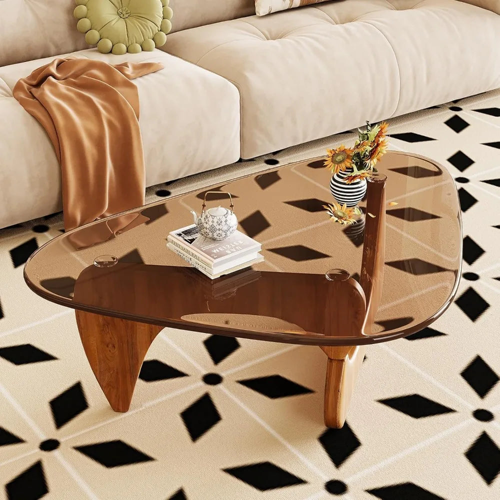 Coffee Table for Living Room Mid Century Modern Center Table with Glass Top and Wood, Brown/Walnut