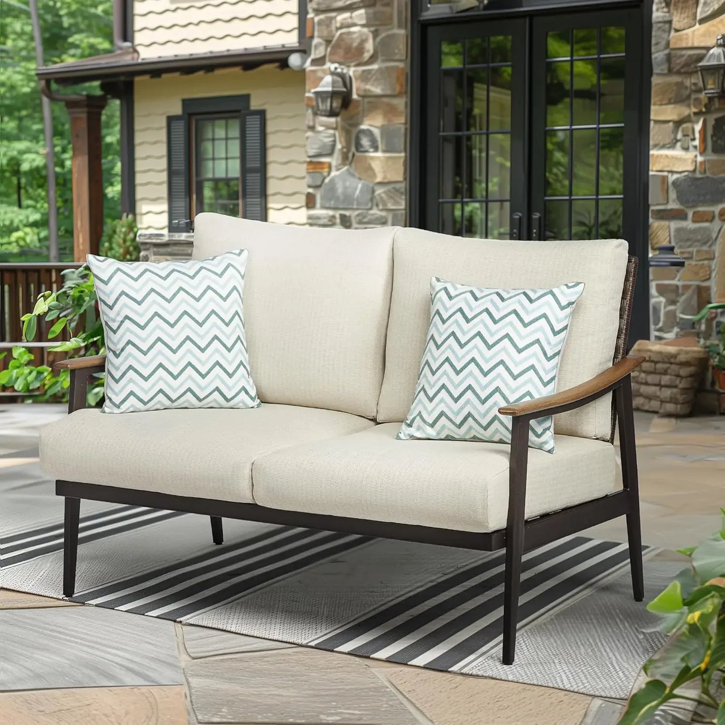 Outdoor Patio Sofa Furniture Metal Chair with Wicker Backrest And 6-Inch Cushion Indoor Front Porch Deck Decorative Garden Bench