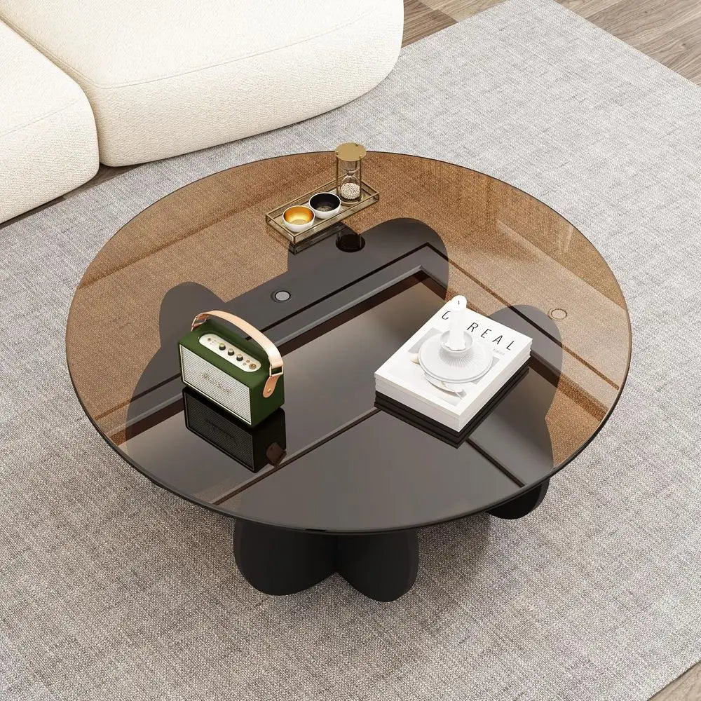 Mid-Century Modern 31.5 Round Glass Coffee Table, Black & Brown, Ideal for Small Spaces & Home Offices