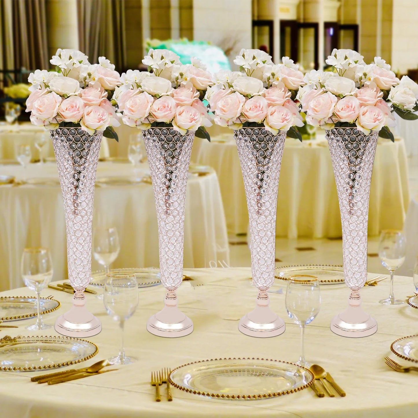 4 Pcs Elegant Gold Crystal Trumpet Floral Vase Set, Luxury Wide Mouth Vases with Sturdy Base for Home Bedroom Balcony Decor