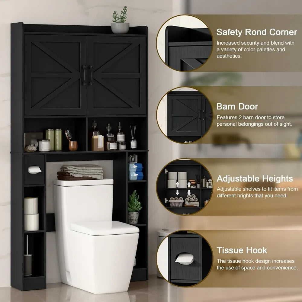Over The Toilet Storage Cabinet, Farmhouse Toilet Cabinet Rack with Barn Doors, Space Saving Bathroom Organizer with Shelves, To