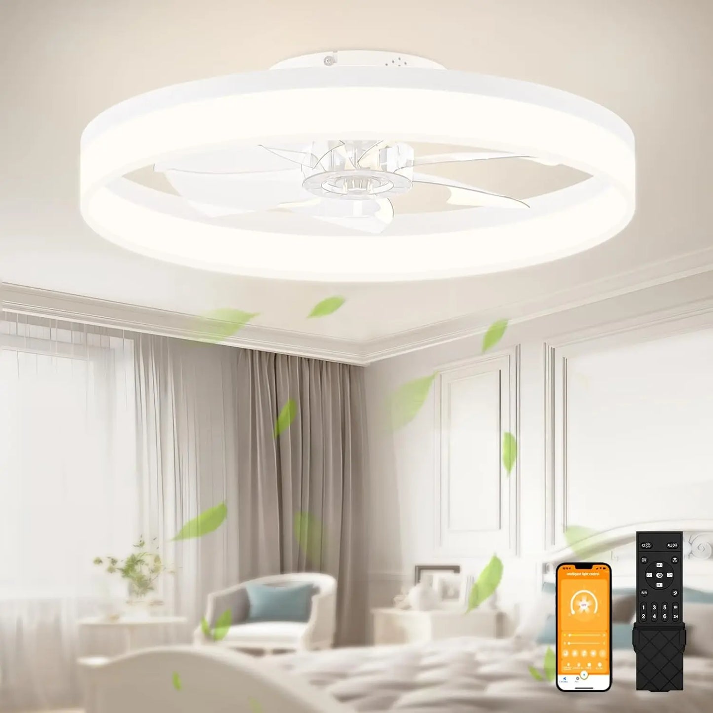 Low Profile Ceiling Fans with Lights and Remote, 23.6in Flush Mount Ceiling Fans with Light, 3000K-6500K Dimmable Fandelier LED