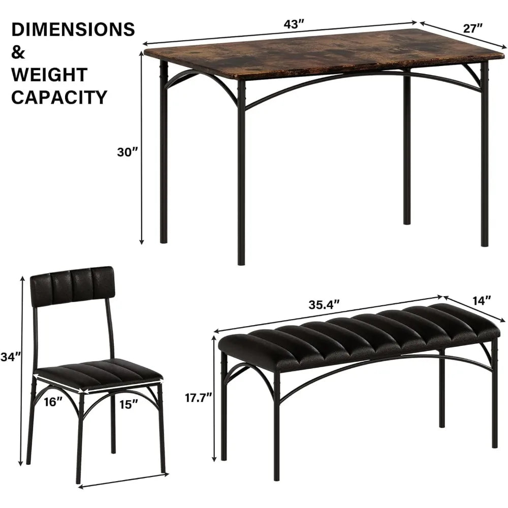 WINNER Dining Table Set for 4, Kitchen Table with Upholstered Bench and 2 Chairs, Dining Room Table Set for Small Space