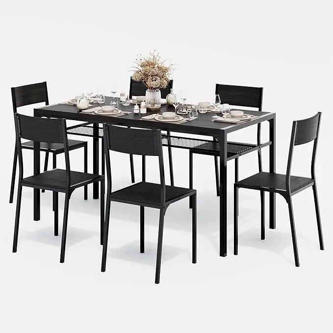 Dining Table Set for 6 with Chairs, 7-Piece Kitchen Table Set for Small Space, Apartment, Kitchen, Dining Room, Space-Saving
