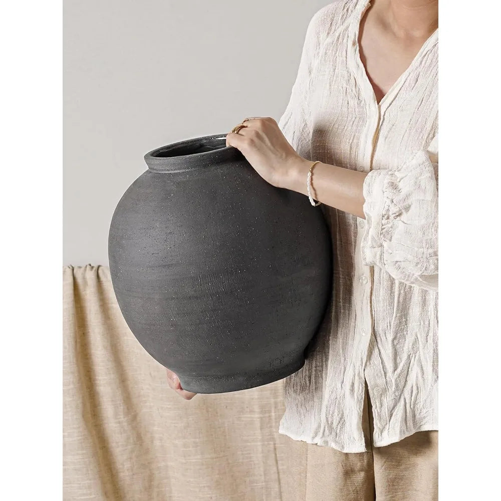Large Round Black Ceramic Floor Vase, 12.5 Inch Tall, Ideal for Centerpieces and Rustic Minimalist Home Decor, Farmhouse Style A