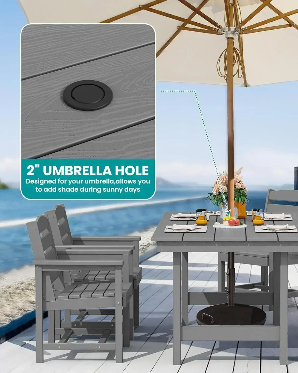 XMSJ-Outdoor HDPE Dining Table Set, 7-Piece Outdoor Dining Table Sets with Umbrella Hole Cut-Out Table and 6 Chairs, Gray