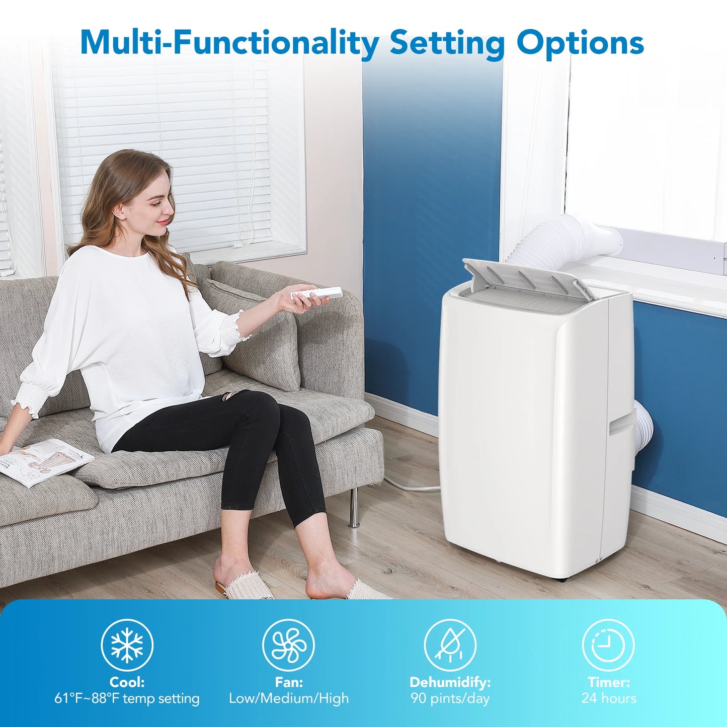14,000 BTU Portable Air Conditioner - Quiet AC Unit Covers 750 Sq. Ft, 3 Fan Speeds, Dehumidifier Mode, Easy Install Window Kit
