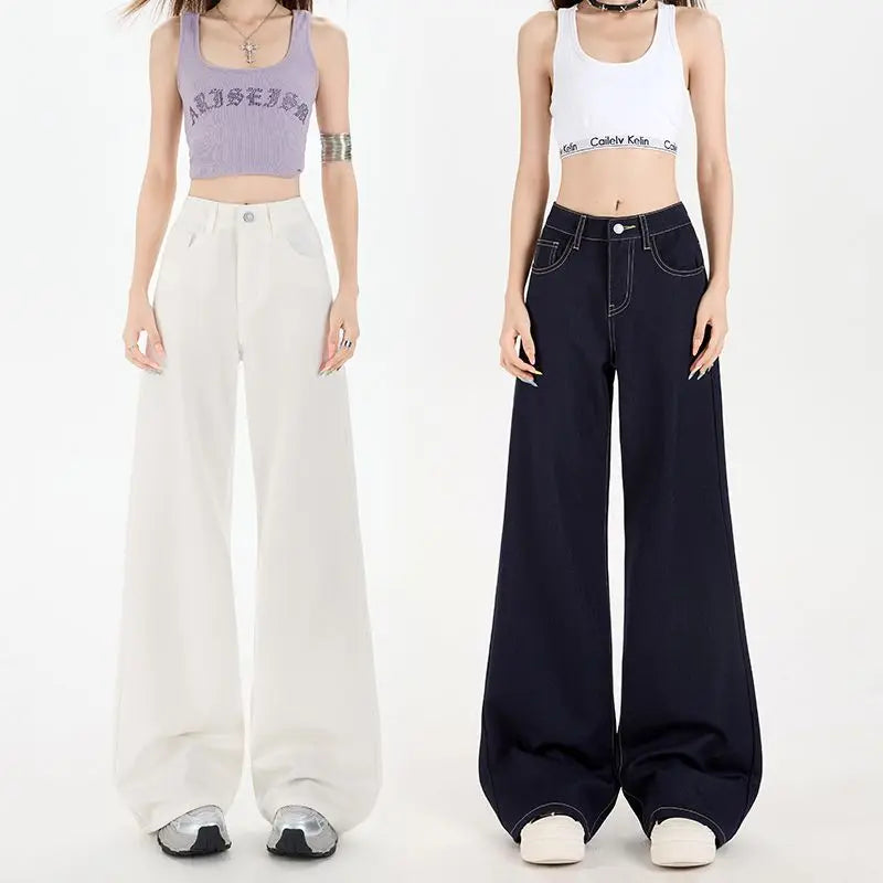 Summer Women's Wide Leg Jeans Retro Patchwork Solid Baggy Straight Leg Denim Adjustable Waist High Quality