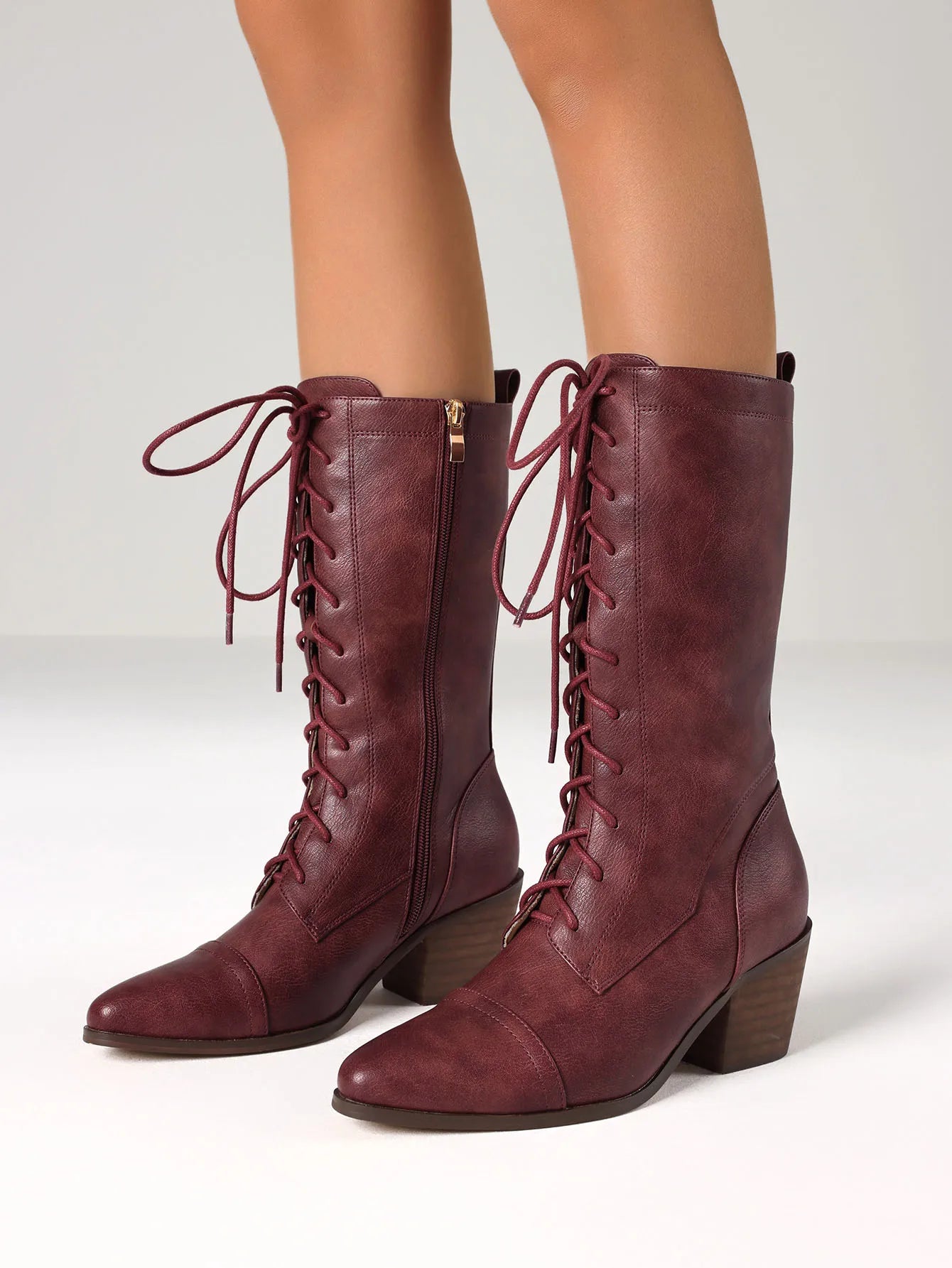 Women's Retro Pointed Toe Boots Fashion Block Chunky Heels Side Zipper Lace-Up Casual Party Dress Fall Vintage Mid Calf Boots Wo