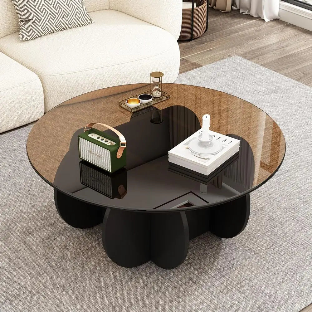 Mid-Century Modern 31.5 Round Glass Coffee Table, Black & Brown, Ideal for Small Spaces & Home Offices