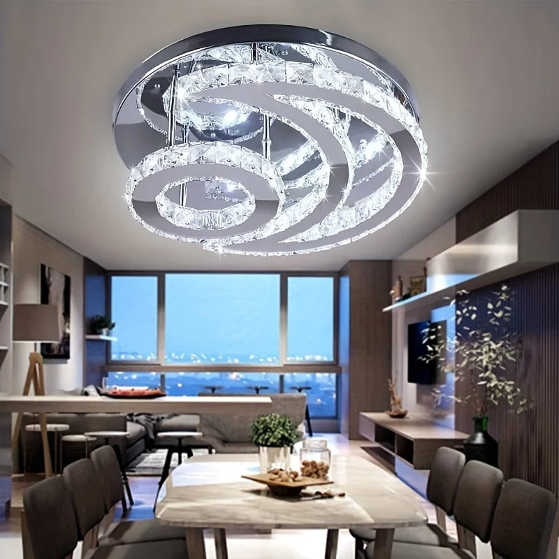15.7" Crystal Chandelier Modern LED Ceiling Light Moon Shape Crystal Flush Mount Ceiling Lights Fixture for Bedroom Living Room
