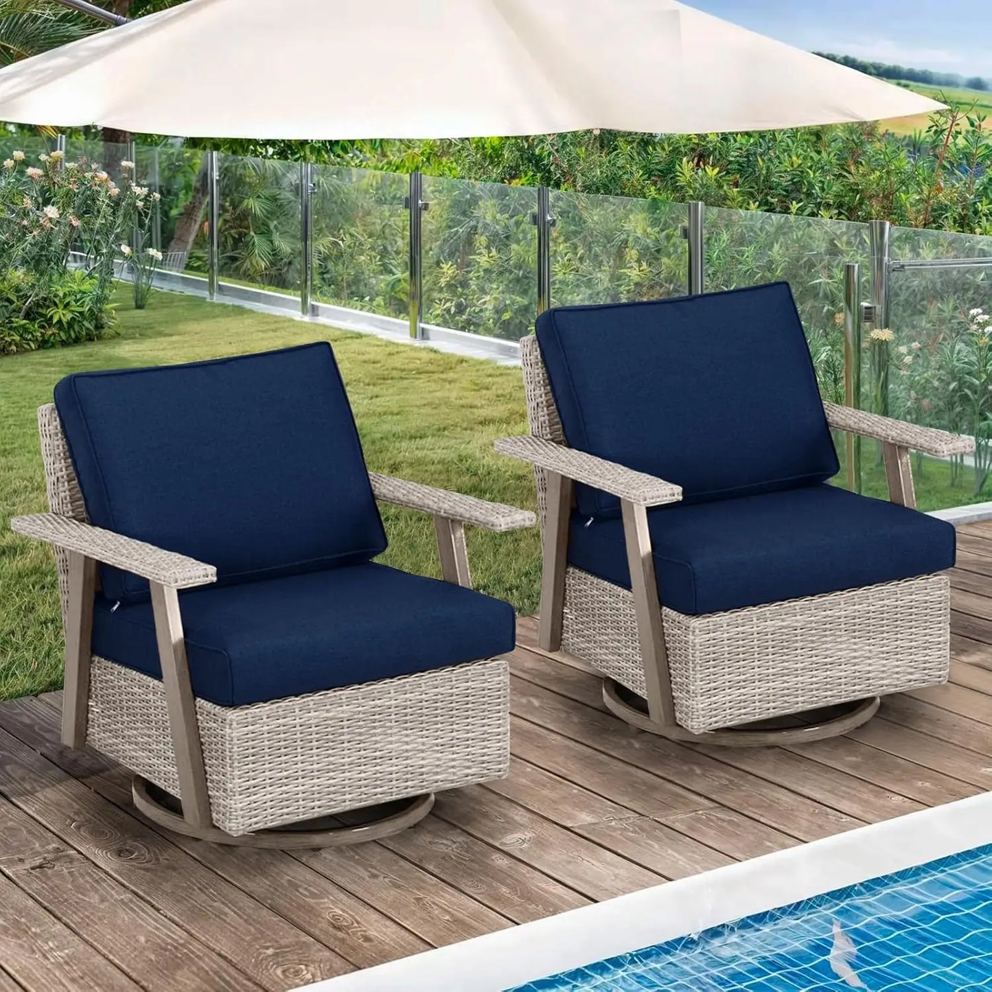 2 Pieces Oversized Outdoor 360° Swivel Rocker Patio Chairs Set, Swiveling Rocking Glider Chairs Set of 2, PE Wicker Rattan Outdo