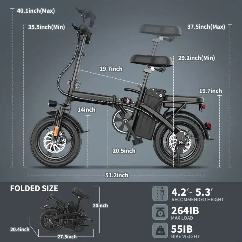 14" Folding Electric Motorcycles Mountain E Bike for Adults, 450W Peak Motor Ebike 19Mph 21Miles 48V 10.4AH Electric Bicycle